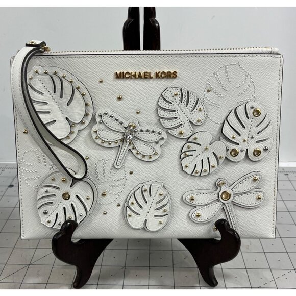 Michael Kors Jet Set Dragonfly White Wristlet Clutch NWOT Leather - Picture 1 of 6